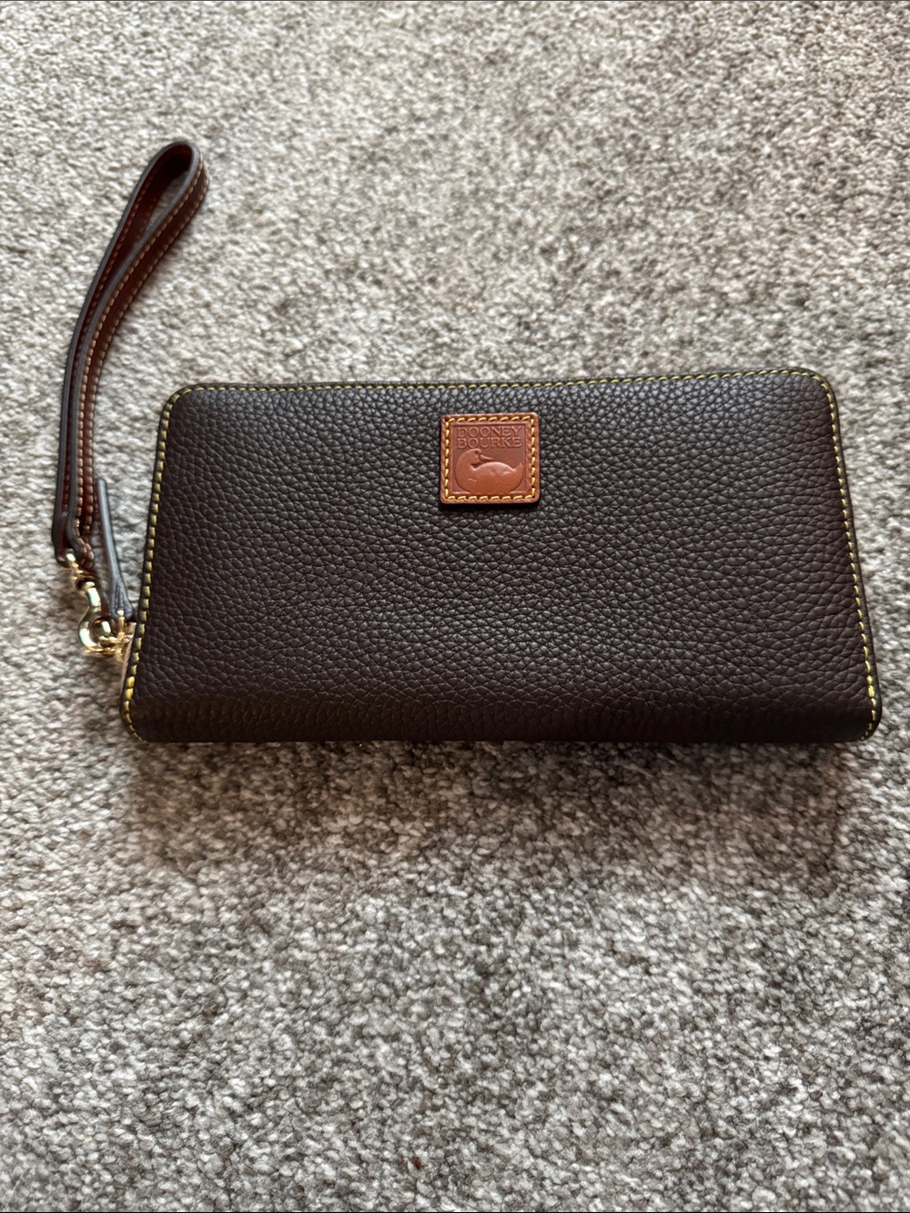 Dooney & Bourke Dark Brown Pebble Leather Zip Wristlet with Tan Accent